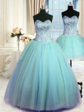 Delicate Three Piece Blue Sleeveless Floor Length Beading Lace Up Quinceanera Gowns