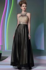  Black Empire Chiffon Halter Top Sleeveless Beading Floor Length Side Zipper Prom Gown