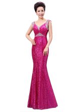 Flare Sequins Fuchsia Sleeveless Sequined Zipper Prom Evening Gown for Prom and Party