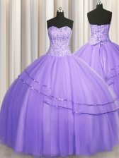  Visible Boning Big Puffy Lavender Sleeveless Beading Floor Length Quinceanera Dresses