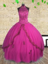  Fuchsia Sweet 16 Quinceanera Dress Military Ball and Sweet 16 and Quinceanera with Beading Halter Top Sleeveless Lace Up