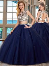  Navy Blue Quinceanera Dresses Military Ball and Sweet 16 and Quinceanera with Beading Scoop Cap Sleeves Brush Train Backless