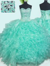 Excellent Floor Length Lace Up Sweet 16 Dress Turquoise for Military Ball and Sweet 16 and Quinceanera with Beading and Ruffles