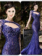 Edgy Mermaid Bateau Long Sleeves Brush Train Zipper Prom Evening Gown Purple Tulle