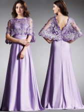 Discount Scoop Lavender Satin Zipper Dress for Prom Half Sleeves Floor Length Lace