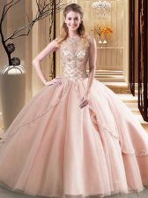 Hot Selling Peach Sweet 16 Dresses Military Ball and Sweet 16 and Quinceanera with Beading Scoop Sleeveless Brush Train Lace Up