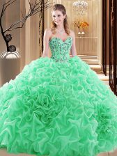 Stunning Ball Gowns Sweetheart Sleeveless Fabric With Rolling Flowers Floor Length Lace Up Embroidery and Ruffles and Pick Ups Quinceanera Gowns