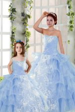  Blue Organza Lace Up Ball Gown Prom Dress Sleeveless Floor Length Embroidery and Ruffled Layers