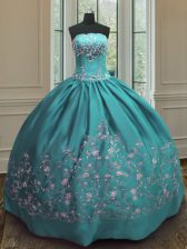 Modest Floor Length Teal Quinceanera Dress Satin Sleeveless Embroidery