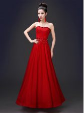  Red Lace Up Prom Dresses Beading and Appliques Sleeveless Floor Length