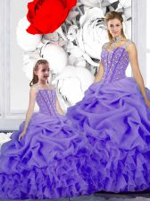 Beautiful Lavender Organza Lace Up Straps Sleeveless Floor Length 15th Birthday Dress Beading and Ruffles and Pick Ups