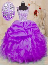  Straps Sleeveless Organza Quinceanera Gowns Beading and Ruffles and Pick Ups Lace Up
