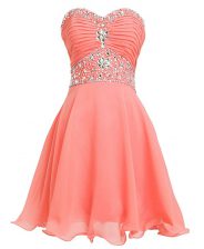 Fabulous Sleeveless Organza Mini Length Lace Up Prom Dress in Watermelon Red with Beading and Belt