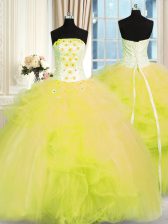  Ball Gowns Sweet 16 Quinceanera Dress Yellow Green Strapless Tulle Sleeveless Floor Length Lace Up