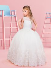 Custom Designed Scoop Sleeveless Lace Up Floor Length Lace Flower Girl Dress