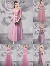  Scoop Half Sleeves Lace Up Floor Length Lace and Ruching and Bowknot and Belt and Hand Made Flower Prom Dress