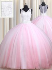  Pink And White Ball Gowns Straps Sleeveless Tulle Floor Length Zipper Lace Ball Gown Prom Dress