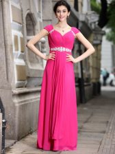  Hot Pink Evening Dress Prom and Party with Beading V-neck Sleeveless Zipper