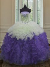 Most Popular White And Purple Organza Lace Up Strapless Sleeveless Floor Length Sweet 16 Dress Beading and Ruffles