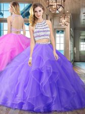  Scoop Sleeveless Brush Train Backless Quinceanera Dresses Lavender Organza
