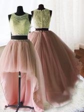 Lovely Three Piece Scoop Sleeveless Brush Train Zipper With Train Beading and Lace and Ruffles Sweet 16 Dress