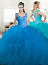 Superior Straps Floor Length Ball Gowns Sleeveless Blue Sweet 16 Dress Zipper