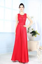  Scoop Sleeveless Floor Length Ruching Zipper Homecoming Dress with Red