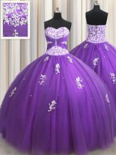  Tulle Sweetheart Sleeveless Zipper Beading and Appliques Quinceanera Gowns in Eggplant Purple
