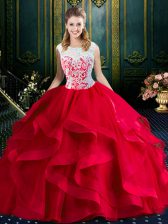 Sexy Square With Train Red Quince Ball Gowns Tulle Brush Train Sleeveless Lace and Ruffles