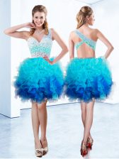  Aqua Blue A-line Organza One Shoulder Sleeveless Beading and Ruffles Knee Length Criss Cross Prom Party Dress