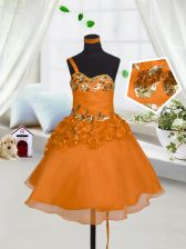 Hot Sale Sweetheart Sleeveless Girls Pageant Dresses Mini Length Beading and Hand Made Flower Orange Red Organza