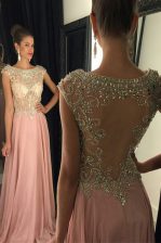  Scoop Pink Chiffon Zipper Prom Dress Sleeveless Floor Length Beading and Sequins