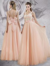 Glittering Straps Peach Sleeveless Appliques and Bowknot Floor Length Prom Gown