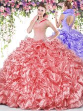 Stylish Coral Red High-neck Backless Beading and Ruffles Quinceanera Dress Sleeveless