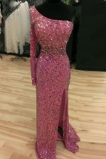 Graceful Lilac Mermaid One Shoulder Long Sleeves Sequined Sweep Train Backless Sequins Homecoming Dress