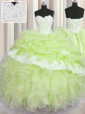 Discount Yellow Green Ball Gowns Organza Sweetheart Sleeveless Beading and Appliques and Ruffles and Pick Ups Floor Length Lace Up Vestidos de Quinceanera