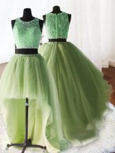 Adorable Three Piece Scoop Sleeveless With Train Beading and Lace and Ruffles Zipper Sweet 16 Dress with Yellow Green Brush Train