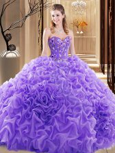  Fabric With Rolling Flowers Sweetheart Sleeveless Court Train Lace Up Embroidery and Ruffles and Pick Ups 15 Quinceanera Dress in Lavender