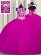 Designer Scoop Floor Length Ball Gowns Sleeveless Fuchsia Quinceanera Gown Lace Up