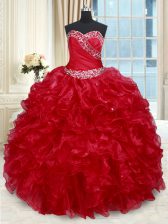 Best Beading and Ruffles Sweet 16 Dress Red Lace Up Sleeveless Floor Length