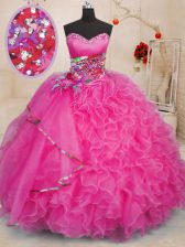  Floor Length Hot Pink 15 Quinceanera Dress Organza Sleeveless Beading and Ruffles