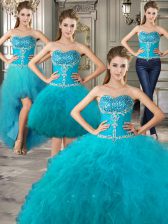 Clearance Four Piece Floor Length Teal 15 Quinceanera Dress Sweetheart Sleeveless Lace Up