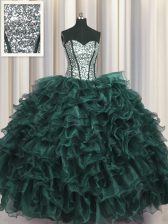 Fashion Sequins Visible Boning Peacock Green Sleeveless Organza and Sequined Lace Up Quinceanera Dress for Military Ball and Sweet 16 and Quinceanera