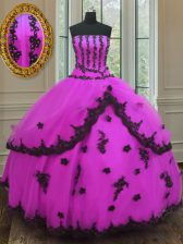  Tulle Strapless Sleeveless Lace Up Appliques Sweet 16 Dresses in Fuchsia