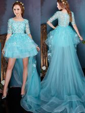 Simple Square Half Sleeves Organza High Low Zipper in Aqua Blue with Beading