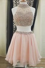 New Arrival Halter Top Knee Length Zipper Prom Party Dress Peach for Prom and Party with Beading