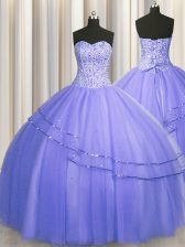  Visible Boning Puffy Skirt Lavender Tulle Lace Up Sweetheart Sleeveless Floor Length Quinceanera Dress Beading