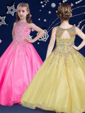 Scoop Sleeveless Child Pageant Dress Floor Length Beading Hot Pink Organza