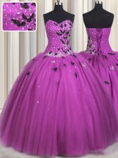  Fuchsia Tulle Lace Up Sweet 16 Quinceanera Dress Sleeveless Floor Length Beading and Appliques