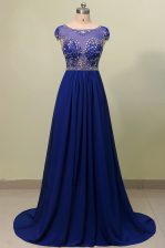  Blue Column/Sheath Scoop Cap Sleeves Chiffon With Train Zipper Beading and Appliques Prom Dresses